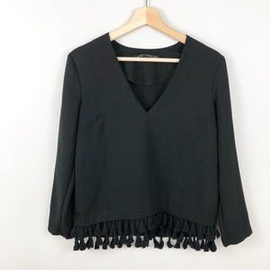 Zara V-Neck Top with Pompom Tassel Hem-like new